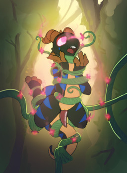 anthro bdsm black_body black_scales blue_stripes bondage bound brown_claws brown_horn claws corruption flower forest forest_background genitals horn male nature nature_background penis pheromones plant scales solo stripes tan_underbelly tentacle_around_arm tentacle_around_foot tentacle_around_leg tentacle_around_neck tentacle_around_tail tentacle_around_torso tentacles toe_claws tree vine_tentacles dep jex_the_kobold kobold scalie absurd_res hi_res