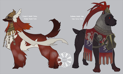 alternate_species armor black_body black_fur duo female fur grey_background headgear helmet male red_eyes simple_background spirits_ashes white_body white_fur sinzui elden_ring fromsoftware canid canine canis domestic_dog mammal