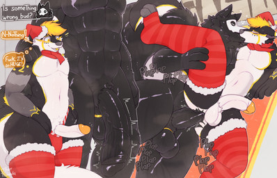 abdominal_bulge accessory anal anal_penetration anthro balls big_balls big_penis black_body christmas_clothing clothing cock_ring duo erection flaccid flaccid_bigger genitals holidays huge_penis jewelry kissing male male/male muscular penetration penis penis_accessory penis_jewelry penis_size_difference scarf size_difference slime vein veiny_penis yellow_body yellow_eyes otherpolanda changed_(video_game) christmas anyches puro_(changed) canid canine canis fox mammal wolf 14:9 absurd_res hi_res