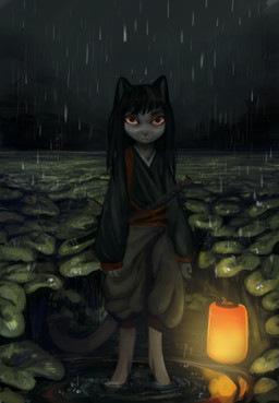 accessory anthro asian_clothing barefoot biped black_clothing black_hair bodily_fluids clothed clothing creepy crying dark east_asian_clothing feet female frown fur grey_body grey_fur hair haori headband holding_melee_weapon holding_object holding_sword holding_weapon japanese_clothing katana lamp lantern long_hair looking_at_viewer melee_weapon night obi orange_eyes outside plant raining rock sky solo soul_devouring_eyes standing storm sword tears water weapon flickeru domestic_cat felid feline felis mammal 2018 absurd_res dark_theme digital_media_(artwork) hi_res portrait