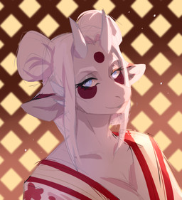 anthro blue_eyes blue_pupils clothed clothing eyelashes female hair horn looking_at_viewer mouth_closed narrowed_eyes pupils red_clothing red_topwear simple_background solo topwear unsigned white_body white_clothing white_hair white_horn white_topwear corzh77 species_request absurd_res bust_portrait hi_res portrait