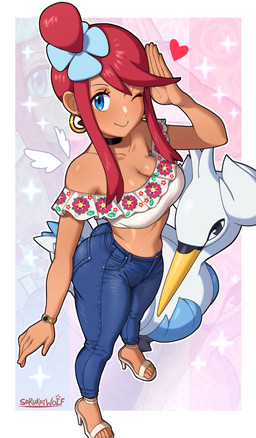 5_fingers 5_toes ambiguous_gender beak big_breasts blue_bottomwear blue_clothing blue_eyes blue_pants bottomwear breasts choker cleavage clock clothed clothing denim denim_bottomwear denim_clothing duo ear_piercing ear_ring feathers feet female female_focus feral fingers floral_print footwear gesture gym_leader hair heart_symbol high_heeled_sandals high_heels hoop_ear_ring human_focus jeans jewelry looking_at_viewer nails necklace not_furry_focus one_eye_closed pants piercing red_hair ring_piercing salute sandals shoes sparkles tanned_skin toenails toes topwear watch white_body white_clothing white_feathers white_footwear white_high_heels white_topwear wristwatch yellow_beak sarukaiwolf nintendo pokemon skyla_(pokemon) generation_5_pokemon human mammal pokemon_(species) swanna 2026 absurd_res alternate_version_at_paywall hi_res signature