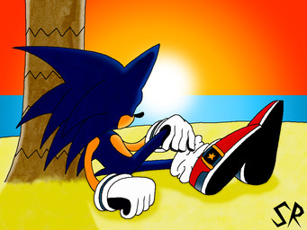 beach blue_body blue_fur clothing footwear fur gloves hand_on_knee hand_on_leg handwear looking_at_sunset lying_on_tree male quills_(anatomy) red_clothing red_footwear red_shoes relaxing shoes sitting spines sunset white_clothing white_gloves white_handwear ryoosakuling sega sonic_the_hedgehog_(series) sonic_the_hedgehog eulipotyphlan hedgehog humanoid mammal 4:3 digital_drawing_(artwork) digital_media_(artwork)