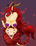 anthro big_breasts breasts chest_tuft female fur hair heart_symbol horn long_hair multi_nipple nipples non-mammal_breasts non-mammal_nipples pasties pose red_hair slightly_chubby solo tail tail_tuft tuft kenkou mythology discordion dragon furred_dragon furred_scalie mythological_creature mythological_scalie scalie hi_res