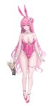 accessory big_breasts blue_eyes blush breasts bunny_costume camel_toe clothing costume doll fake_ears fake_rabbit_ears female flower flower_in_hair front_view hair hair_accessory holding_doll holding_object human_only legband leotard light_body light_skin name_tag navel_outline not_furry open_mouth pink_clothing pink_hair pink_leotard pink_slippers plant rabbit_ears rose_(flower) simple_background solo thick_thighs thighband white_background wristband karunerinka goddess_of_victory:_nikke bunny_dorothy dorothy_(nikke) human mammal 2024 absurd_res hi_res japanese_description translated_description