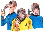 5_fingers anthro beak blue_clothing blue_eyes blue_topwear clothed clothing fingers for_a_head gesture group holding_object humanoid_hands hypospray looking_at_viewer male parody simple_background sweater topwear uniform vulcan_salute white_background yellow_clothing yellow_topwear terrie_smith star_trek star_trek_the_original_series james_t._kirk leonard_mccoy spock accipitriform animal_head animal_humanoid avian bird human humanoid hybrid mammal vulture marker_(artwork) traditional_media_(artwork)