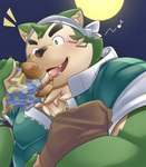 anthro blush burger eating food green_body humanoid_hands kemono male moon overweight overweight_male solo tolsche lifewonders live_a_hero mokdai canid canine canis domestic_dog mammal 2024 hi_res