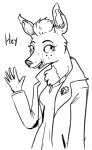 5_fingers anthro clothed clothing dialogue female fingers freckles fur gesture hair humanoid_hands jacket looking_at_viewer neck_tuft simple_background solo text topwear tuft waving white_background psibunny bojack_horseman netflix penny_carson deer mammal black_and_white english_text half-length_portrait hi_res monochrome portrait