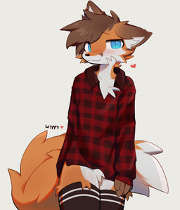 :3 anthro big_tail blue_eyes bottomless brown_body brown_fur clothed clothing flannel flannel_shirt fluffy fluffy_tail fur heart_symbol legwear long_sleeve_shirt long_sleeves looking_at_viewer male orange_body orange_fur pattern_clothing pattern_legwear pattern_thigh_highs red_clothing red_shirt red_topwear shirt simple_background solo standing striped_clothing striped_legwear striped_thigh_highs stripes tail thick_thighs thigh_highs topwear white_background white_body white_fur wypher mochafox_(itsmochafox) canid canine fox mammal red_fox true_fox hi_res