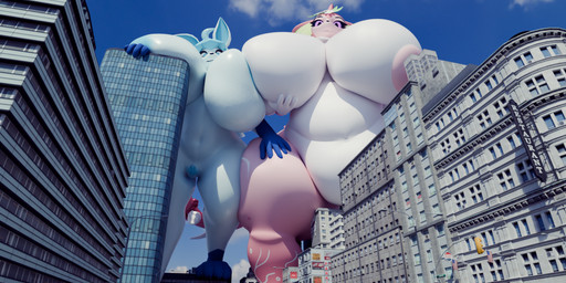 anthro belly big_belly big_breasts blue_body breast_squish breasts city duo female female/female genitals huge_breasts looking_at_viewer looming macro markings navel overweight pink_body squish thick_thighs vulva darkdraketom nintendo pokemon eeveelution generation_1_pokemon generation_4_pokemon glaceon pokemon_(species) vaporeon 3d_(artwork) blender_(artwork) digital_media_(artwork) hi_res