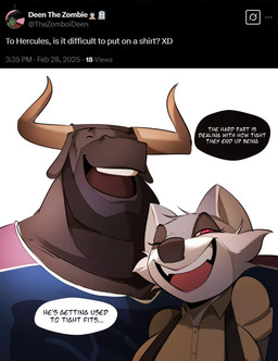 anthro aroused ask_blog big_breasts breasts clothed clothed_anthro clothing dialogue duo female horn looking_at_viewer male red_eyes size_difference smile speech_bubble talking_to_viewer teasing text argosornstein ann_coon_(hgoldenbell) hercules_(argosornstein) bovid bovine cattle mammal procyonid raccoon absurd_res digital_media_(artwork) english_text hi_res
