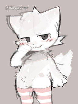 4_fingers anthro black_nose blush blush_lines cat_smile cheek_tuft chibi closed_smile clothing crotch_tuft facial_tuft femboy fingers fluffy fluffy_tail fur grey_eyes head_tuft legwear looking_at_viewer male mouth_closed narrowed_eyes pattern_clothing pattern_legwear pattern_thigh_highs pink_clothing pink_legwear pink_thigh_highs simple_background smile solo standing striped_clothing striped_legwear striped_thigh_highs stripes tail text thigh_highs thigh_highs_only tuft white_body white_fur pikop silly_cat_(mauzymice) domestic_cat felid feline felis mammal 2025 artist_name colored_sketch hi_res sketch