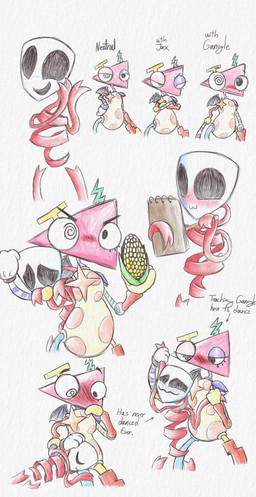 angry corn corn_on_the_cob dancing eyes_closed food half-closed_eyes mask mismatched_eyes mouthless narrowed_eyes not_furry pencil_(object) plant red_body ribbons sketchpad_(object) sleeping sleeping_on_another sleeping_on_partner spiral spiral_eyes bakothemimic glitch_productions the_amazing_digital_circus gangle_(tadc) zooble_(tadc) animate_inanimate fabric_creature humanoid living_mask living_toy shape_head absurd_res hi_res nonbinary_(lore)