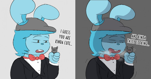 ambiguous_gender anthro black_tie_(suit) blue_body blue_fur blue_hair blush bodily_fluids bow_tie breath buckteeth clothing drooling duo extreme_size_difference eyebrows fur furgonomic_hat furgonomic_headwear furgonomics grey_background grey_clothing grey_eyes grey_hat grey_headwear hair hat headgear headwear holding_micro long_ears macro_anthro macro_male male micro_ambiguous micro_anthro narrowed_eyes open_mouth raised_eyebrows red_bow_tie saliva simple_background size_difference suit talking_to_another teasing teeth text vore_tease swankybones ych_(character) lagomorph leporid mammal rabbit english_text