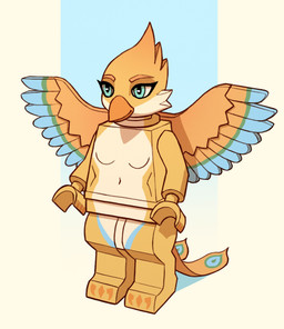 anthro beak black_eyeliner blue_body blue_eyes blue_feathers breasts eyeliner feathers featureless_breasts green_markings makeup markings navel non-mammal_breasts non-mammal_navel orange_beak solo standing wings yellow_body yellow_feathers phenelia lego avian lego_minifigure 2026 absurd_res digital_drawing_(artwork) digital_media_(artwork) english_description hi_res