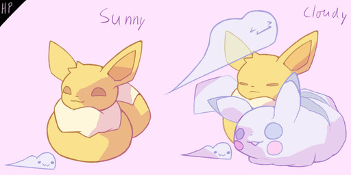 annoyed cloud duo feral raised_tail simple_background smile sun tail harapunoe nintendo pokemon canid canine eevee generation_1_pokemon mammal pikachu pokemon_(species) hi_res