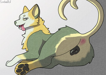 animal_genitalia animal_vulva anus butt canine_genitalia canine_vulva female feral fur genitals green_body green_eyes green_fur looking_at_viewer looking_back lying on_side open_mouth pawpads paws presenting presenting_hindquarters rear_view simple_background solo tail teeth thick_thighs thin_tail tongue tongue_out vulva yellow_body yellow_fur lotnik5 nintendo pokemon boltund canid canine generation_8_pokemon mammal pokemon_(species) absurd_res hi_res shaded simple_shading