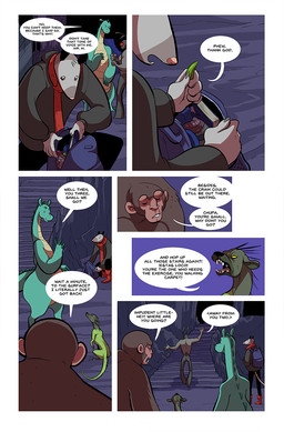 5_fingers anthro backpack blue_body blue_scales boots brown_body brown_fur clothed clothing dialogue dot_eyes empty_eyes fingers footwear fur green_body green_skin hoodie male red_eyes scales scarf shoes simple_eyes speech_bubble spines tan_body tan_scales teeth text topwear underground white_eyes yellow_eyes mustachemutt american_mythology mythology mothman american_opossum ape arthropod chupacabra cryptid dinosaur haplorhine humanoid mammal marsupial prehistoric_species primate reptile sasquatch scalie virginia_opossum 2020 comic digital_media_(artwork) english_text hi_res