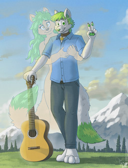3_toes 5_fingers acoustic_guitar anthro barefoot black_claws black_eyebrows black_nose blue_clothing blue_shirt blue_topwear bottomwear cheek_tuft chest_tuft claws clothing cloud collar detailed_background dipstick_tail duo eyebrow_through_hair eyebrows eyelashes facial_tuft feet female fingers fur gesture grass green_body green_eyes green_fur green_hair green_inner_ear_fluff green_nose green_pawpads grey_bottomwear grey_clothing grey_pants guitar hair hand_gesture hug inner_ear_fluff long_hair looking_at_viewer male markings mountain musical_instrument outside pants pawpads plant plucked_string_instrument shirt sky string_instrument tail tail_markings tail_wrapped_around toes topwear translucent translucent_hair tree tuft v_sign whisker_markings white_body white_fur yellow_eyes jayheartwing canid canine canis fox hybrid mammal spirit wolf 2019 hi_res shaded signature