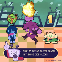 ambiguous_gender anthro armor barefoot biped checkered checkered_floor clothed clothed_anthro clothed_human clothed_humanoid clothing dialogue dice_block electronics explosion eyewear feet for_a_head fully_clothed fully_clothed_human glasses group holding_microphone holding_object jumping larger_anthro male microphone number punch screen screen_face size_difference smaller_anthro smaller_male standing television text wearing_glasses planetmakebelieve deltarune mario_party mario_party_(series) undertale_(series) kris_dreemurr ralsei susie_(deltarune) tenna_(deltarune) bovid caprine darkner goat human humanoid mammal object_head reptile scalie screen_head tv_head 1:1 2025 absurd_res artist_name colored digital_drawing_(artwork) digital_media_(artwork) english_description english_text hi_res female_(lore) male_(lore)