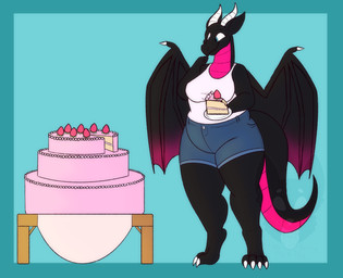 2_horns 4_claws 4_fingers 4_toes anthro back_wings biped black_body black_membrane black_scales black_wings blue_bottomwear blue_clothing blue_eyes blue_shorts border bottomwear breasts cake cake_slice claws clothed clothed_anthro clothed_female clothing countershade_neck countershade_scales countershade_tail countershading denim denim_bottomwear denim_clothing denim_shorts dessert eating eating_food feet female female_anthro fingers food fruit furniture holding_cake holding_food holding_object holding_plate horn membrane_(anatomy) membranous_wings non-mammal_breasts pink_body pink_countershading plant plate scales shirt shorts simple_background slightly_chubby slightly_chubby_anthro slightly_chubby_female snout solo standing strawberry table tail tank_top teal_background teal_border thick_tail thick_thighs toe_claws toes topwear ventral_scales white_claws white_clothing white_horn white_shirt white_tank_top white_topwear wings strawberrymilkdog european_mythology mythology rosa_(highcaloriesand) dragon mythological_creature mythological_scalie scalie western_dragon 2022 colored hi_res watermark
