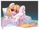 anus bed blonde_mane blush clitoral_hood cutie_mark extended_legs feathered_wings feathers female feral fluffy_ears fur furniture genitals hands_on_legs hands_on_own_legs holding_both_legs holding_legs_up horn legs_in_air legs_together legs_up looking_at_viewer mane on_bed presenting presenting_pussy pussy reclining simple_background solo spread_wings tail white_body white_fur wing_boner wings yellow_tail lispp hasbro my_little_pony mythology star_nai equid equine mammal mythological_creature mythological_equine winged_unicorn absurd_res hi_res