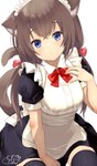 apron blue_eyes breasts brown_hair clothing dress female hair looking_at_viewer maid_headdress maid_uniform ribbons simple_background solo uniform white_apron white_background white_clothing chita_(ketchup) animal_humanoid cat_humanoid felid felid_humanoid feline feline_humanoid humanoid mammal mammal_humanoid 2021 hi_res