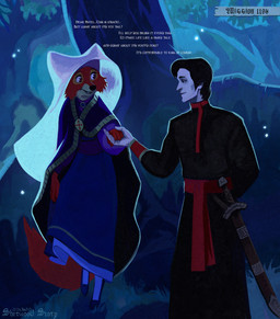 anthro black_clothing blue_clothing blue_dress clothed clothing detailed_background dialogue dress duo ears_up eye_contact female female_on_human folk_clothes forest grass hand_behind_back hand_holding headdress human_on_anthro interspecies kosovorotka light looking_at_another male male_on_anthro melee_weapon moonlight night nobleman outside plant robe scabbard sheathed_sword smile standing sword tail text tree tree_trunk weapon sir_paulus disney robin_hood_(disney) maid_marian pavel_(sir_paulus) canid canine fox human mammal english_text hi_res