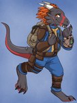 anthro armor backpack barefoot bracelet bracers clothed clothing cosplay eye_scar facial_scar feather_hair feathers feet grey_body grey_scales horn horn_jewelry horn_ring jewelry jumpsuit male orange_eyes orange_feather_hair pip-boy pseudo_hair red_body red_scales ring_(jewelry) scales scar solo tail starwolfskin zgf_art fallout microsoft zgf_gaming arix_crim kobold reptile scalie hi_res