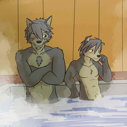 anthro awkward bath bathhouse blush clothed clothing duo fur grey_body grey_eyes grey_fur male nude one_eye_closed partially_submerged smile smirk topless tuft water yellow_eyes fuze morenatsu kouya_aotsuki mitsuhisa_aotsuki canid canine canis domestic_dog husky mammal nordic_sled_dog spitz 1:1 hi_res father_(lore) father_and_child_(lore) father_and_son_(lore) parent_(lore) parent_and_child_(lore) parent_and_son_(lore) son_(lore)