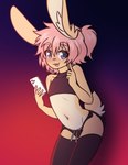 absurd_res anthro black_bottomwear black_clothing black_legwear black_thigh_highs black_topwear blue_eyes bottomwear bunnybits clothed clothing collarbone conditional_dnp crossdressing eyebrows femboy fingers fur hair hi_res lagomorph legwear leporid male mammal midriff navel pierre_(bunnybits) pink_eyebrows pink_hair pink_tongue rabbit shorts skimpy solo tail tan_body tan_ears tan_fur tan_tail thigh_highs tongue topwear