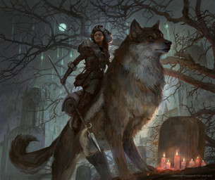 ambiguous_gender brown_body brown_fur cemetery duo female feral full_moon fur holding_melee_weapon holding_object holding_polearm holding_spear holding_weapon melee_weapon moon night plant polearm quadruped riding size_difference spear tail text tombstone tree weapon bram_sels hasbro magic:_the_gathering wizards_of_the_coast canid human mammal 2021 digital_media_(artwork) english_text hi_res official_art