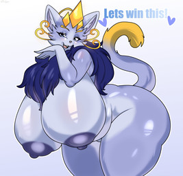 anthro areola belly big_breasts big_butt blue_eyes breasts butt cheek_tuft facial_tuft female fluffy fluffy_ears fluffy_tail genitals huge_breasts huge_butt huge_thighs long_mane mane neck_tuft purple_body solo tail thick_thighs tuft vulva whiskers yellow_whiskers ameliemercedez league_of_legends riot_games tencent yuumi_(lol) felid feline humanoid mammal absurd_res hi_res