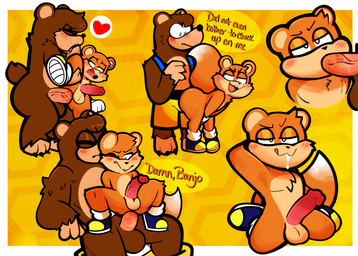 anal anal_penetration backpack balls blush brown_body brown_fur erection fellatio fur genitals glans looking_pleasured male male/male male_penetrated male_penetrating male_penetrating_male oral penetration penile penile_penetration penis penis_in_ass sex text vein veiny_penis heyomaerow banjo-kazooie conker's_bad_fur_day rareware banjo_(banjo-kazooie) conker bear mammal rodent sciurid tree_squirrel absurd_res english_text hi_res