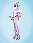 anthro big_penis brown_hair erection fingers genitals glans hair half-closed_eyes hand_on_hip holding_penis hooved_fingers hooves horn humanoid_genitalia humanoid_penis male narrowed_eyes nipples nude penis purple_body purple_skin simple_background solo yellow_horn flashquatsch animal_crossing nintendo kidd_(animal_crossing) bovid caprine goat mammal hi_res mixed_media traditional_media_(artwork)