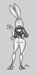 anthro butt clothed clothing female fur gloves hair handwear rear_view simple_background solo standing tight_clothing saliant sega sonic_the_hedgehog_(series) fan_character hare lagomorph leporid mammal absurd_res hi_res monochrome