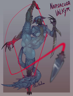 anthro biped breasts claws feet female fingers front_view looking_at_viewer nude nude_anthro nude_female scales simple_background solo standing tail toes weapon lluisabadias capcom digital_extremes monster_hunter tencent warframe valkyr_(warframe) flying_wyvern nargacuga warframe_(species) 2026 absurd_res digital_drawing_(artwork) digital_media_(artwork) hi_res