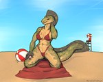 abs anthro ball beach beach_ball bikini black_sclera breasts camel_toe clothed clothing female green_body inflatable kneeling looking_at_viewer muscular sand smile solo string_bikini sunscreen swimwear tail tattoo towel two-piece_swimsuit yellow_eyes malcombtheteadragon anna_(user_55) eel fish marine moray_eel hi_res