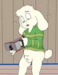 anthro balls bodily_fluids bottomless camera clothed clothing erection foreskin fur genitals green_clothing green_eyes male penis solo sweat white_body white_fur young young_anthro nelson88 undertale undertale_(series) asriel_dreemurr bovid caprine mammal