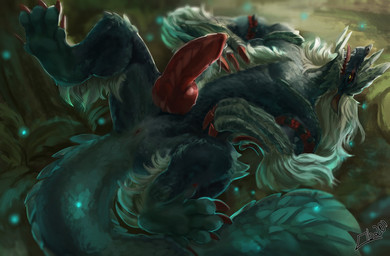 animal_genitalia animal_penis anus arm_tuft bioluminescence blue_body blue_scales bodily_fluids chest_tuft claws feet feral fulgurbugs fur genital_fluids genitals glowing knot knotted_penis leaking_precum leg_tuft lying male mane on_back outside penis precum scales solo spiked_tail spikes spikes_(anatomy) spread_legs spreading tail tailbutt tongue tuft white_body white_fur yellow_eyes obaum capcom monster_hunter larynkir fanged_wyvern scalie stygian_zinogre zinogre 2020 colored dated digital_media_(artwork) digital_painting_(artwork) painting_(artwork) shaded signature