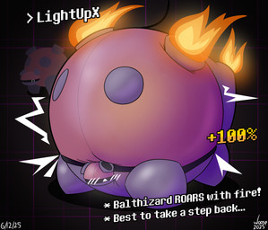 air_inflation black_background black_outline blush close_to_bursting fire fire_inflation gold_text hose hose_inflation implied_popping inflation motion_lines outline simple_background text white_blush woosp deltarune undertale_(series) balthizard_(deltarune) 2025 artist_name dated hi_res