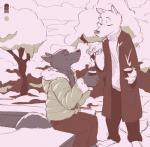 anthro barefoot beverage bottomwear clothed clothing coat color_swatch duo eyes_closed feet fully_clothed fur happy holding_object outside plant scarf sitting smile snow standing topwear tree ittybittykittytittys disney zootopia gary_(zootopia) larry_(zootopia) canid canine canis mammal wolf 2019 digital_media_(artwork) restricted_palette