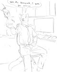 anthro bottomwear burger chair clothed clothing computer computer_keyboard computer_mouse dialogue dress_shirt duo electronics food fully_clothed furniture holding_burger holding_food holding_object male necktie office_chair on_chair pants shirt sitting sitting_on_chair snatching tail text topwear cettus samson_(derpoomer) cougar felid feline mammal 2022 english_text monochrome sketch