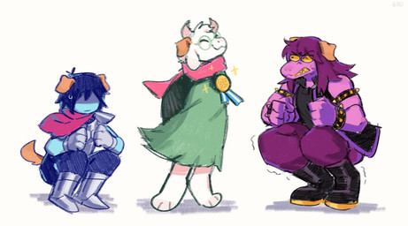 3_toes anthro armband barefoot black_boots black_clothing black_footwear blue_body boots bottomwear cape closed_smile clothed clothing crouching dress feet female floppy_ears footwear front_view fur green_clothing green_dress group hair horn looking_at_another male mouth_closed pants paws pink_body pink_horn pink_scarf purple_bottomwear purple_clothing purple_hair purple_pants red_cape red_clothing scarf shadow shoes simple_background smile standing teeth three-quarter_view toes trio unsigned white_background white_body white_fur yellow_teeth asnnonaka deltarune undertale_(series) kris_dreemurr ralsei susie_(deltarune) bovid caprine goat humanoid mammal