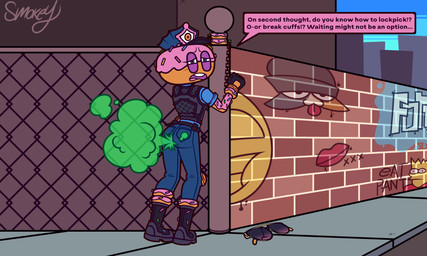 asking_for_help belt black_boots black_clothing black_footwear black_topwear black_vest blue_bottomwear blue_clothing blue_eyes blue_jeans blue_pants blue_shirt blue_topwear blush blush_lines boots bottomwear bound brick brick_wall broken_glasses butt chain chained chained_cuffs chained_to_pole clothing cuff_(restraint) denim denim_bottomwear denim_clothing dessert dialogue doughnut embarrassed eyebrows eyelashes eyewear fart fart_cloud female fence fingerless_gloves food footwear frown glasses gloves graffiti green_fart_cloud greeting handcuffed handcuffed_to_pole handcuffs handwear hat headgear headwear jeans looking_at_viewer looking_back looking_back_at_viewer metal_cuffs open_frown open_mouth pants pastry pink_body police police_officer purple_eyelids rear_view restraints service shirt shoes sidewalk solo speech_box sprinkles sunglasses tan_body text topwear uncomfortable vest wall_(structure) smokey_the_menish epic_games fortnite the_simpsons bart_simpson constable_sprinkle_(fortnite) meow_skulls food_creature food_humanoid humanoid 2026 5:3 absurd_res english_text hi_res signature