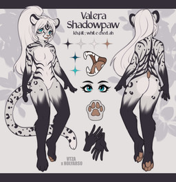 5_fingers anthro black_body black_fur blue_eyes breasts fangs female fingers fluffy fur hair head_fur long_hair long_tail markings navel pose small_breasts solo tail tail_markings teeth ventral_groove white_body white_fur white_hair inkofneon microsoft the_elder_scrolls valera_shadowpaw cheetah felid feline khajiit mammal absurd_res hi_res model_sheet young_(lore)