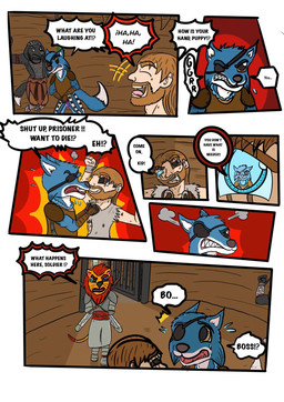 anthro black_body black_fur dialogue dungeon fantasy fur group guard male shadow_(garrus368) text yellow_eyes garrus368 arboj_(garrus368) nova_(garrus368) canid canine canis felid human lion mammal pantherine wiffen_(specie) wolf comic english_text hi_res