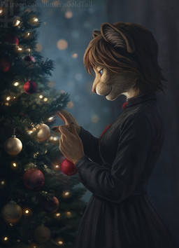 anthro black_clothing black_dress blue_eyes brown_body brown_fur brown_hair christmas_tree clothed clothing dress eyelashes female female_anthro fur hair holidays inside mouth_closed plant short_hair side_view slim_anthro slim_female solo standing tan_body tan_fur tree whiskers himeragoldtail christmas felid lion mammal pantherine hi_res
