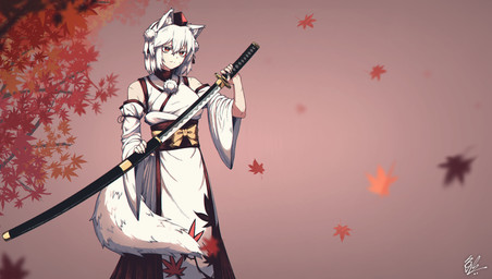 armwear asian_clothing autumn_leaves breasts clothing detached_sleeves east_asian_clothing female hair hat headgear headwear holding_katana holding_melee_weapon holding_object holding_sword holding_weapon japanese_clothing katana kimono leaf melee_weapon obi red_clothing red_eyes red_hat red_headwear red_obi solo sword tail tokin_hat weapon white_clothing white_hair white_kimono white_tail 1641_(chfhrtor94) touhou momiji_inubashiri animal_humanoid canid canid_humanoid canine canine_humanoid humanoid mammal mammal_humanoid wolf_humanoid hi_res