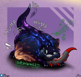 all_fours ambiguous_gender anthro ass_up belly belly_humping belly_markings big_nose blue_markings bodily_fluids chest_tuft claws cosmic_fur death digestion duo fangs fur galaxy glowing glowing_markings grey_body grey_fur humping imprint lying markings on_front onomatopoeia open_mouth orange_markings paws purple_body purple_fur purple_markings saliva same_size_vore semi-anthro smug solo_focus sound_effects squirming struggling struggling_prey tail tail_motion tailwag teeth text thick_tail tuft vore whiskers j2n mammal mustelid otter hi_res